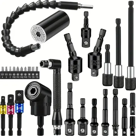 31-Piece Universal Tool Set with Flexible Shaft, Quick Change Adapter, Replaceable Screwdriver Bits, Screwdriver Components, Impact Wrench Socket Holder, Right Angle Ratchet Screwdriver Bit Kit