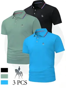 3-Pack Men's Polo Shirts, Horse Pattern, Lightweight Stretch Fabric, Short Sleeve Button Front, Ideal for Outdoor Activities, Gifts