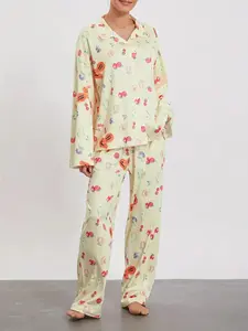 Women's Sleepwear Set Fitted Long Sleeve Button Shirt Floral Fruit Print Wide Leg Pants Pajamas Home Wear Loungewear Comfortable Nightgown
