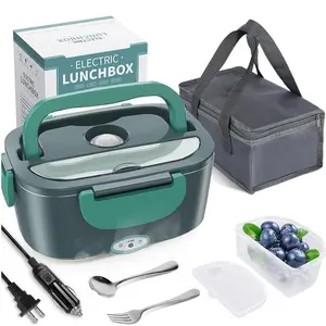 Electric Lunch Box Food Heater, 2 in 1 Ultra Quick Heated Lunch Boxes for Adults , 12V/24V/110V Portable 1.5L 304 Stainless Steel Food Warmer for Car/Truck/Office With Fork Spoon and Insulated Carry Bag