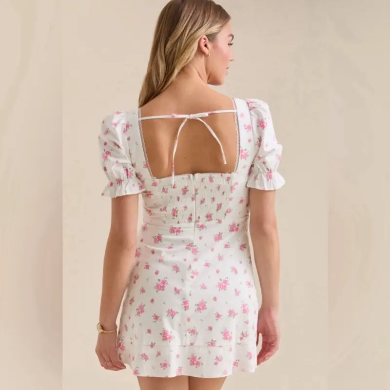 strapless open back dress White Pink Floral Belted Mini Dress for Women