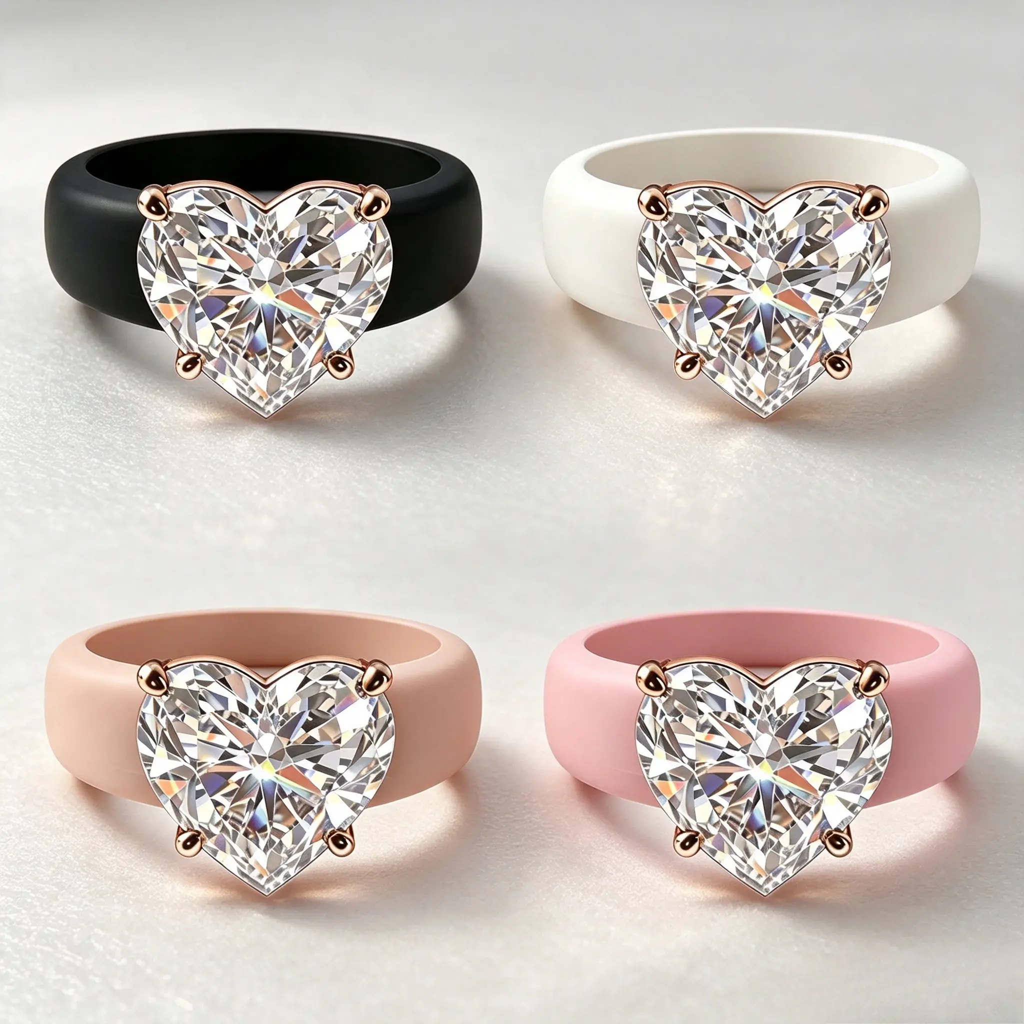 Trendy 4 Prong Heart Crystal Silicone Ring, Waterproof Flexible Rubber Statement Ring, Minimalist Fashion Accessory for Her