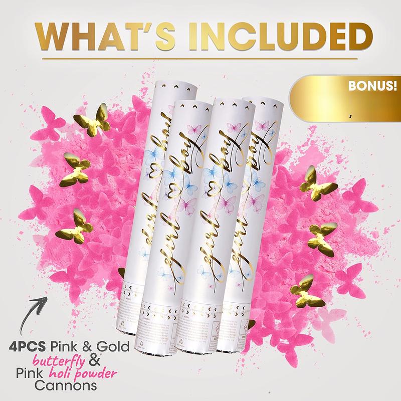 Gender Reveal Confetti Cannon - Biodegradable Powder & Butterfly Shaped Confetti Poppers - Pink 4 Pack - Baby Girl Gender Reveal Smoke Bomb Party Poppers