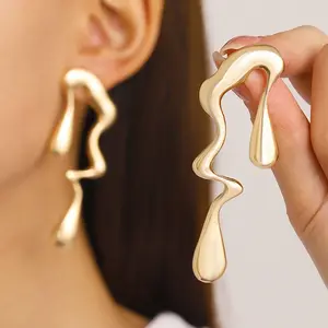 Liquid irregular earrings golden glossy pair of water drop earrings female jewelry