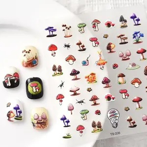 Mushroom Insects Nail Stickers 5D Embossed Nail Art Decals Colorful Mushroom Butterfly Ant Snail Insect Nail Design Adhesive Nail Art Stickers Spring Summer Nail Supplies for Women Girls Decoration