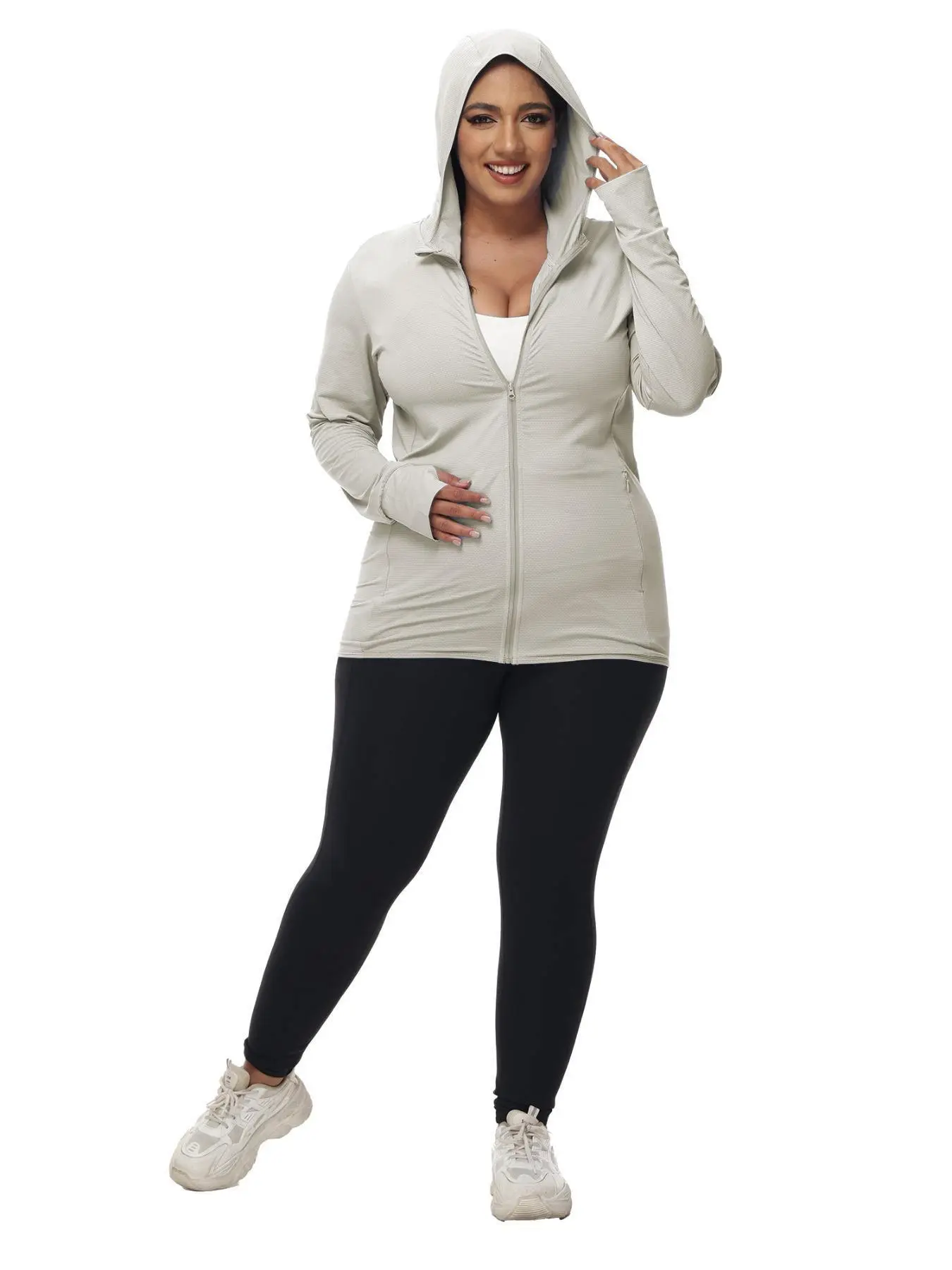 Plus Size Solid Sun Protection & Breathable Hooded Jacket, Sun Protective Clothing, Women's Plus Size Zip Up Hooded Jacket, Ladies Sportswear for Outdoor Activities, Women Workout Clothes, Athletic Jackets, Yoga Jacket