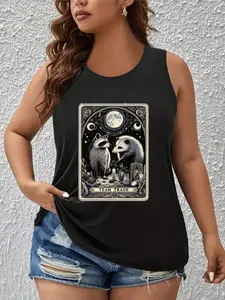 Plus Size, Women's Plus Size Sleeveless Raccoon Moon & Stars Graphic Tank Top - Elegant Casual Round Neck Geometric Print, Machine Washable Spring Summer Fall Tops
