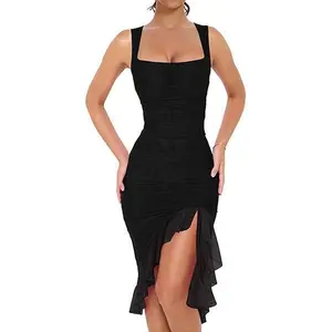 BORIFLORS 2026 Women's Square Neck Ruched Midi Dress Sexy Bodycon Wedding Guest Outfit Elegant Slit Ruffle Hem Evening Party Graduation Homecoming Summer&Spring Chic Sleeveless Mesh Dress