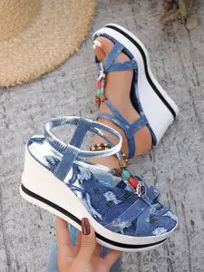 Women's Denim Blue Platform Wedge Sandals with Beaded & Gem Decor, Boho Denim-Chic Style, Elastic Back Strap, Open Toe, Perfect for Vacation & Festival Outfits #BohoDenimSandals, #BeadedWedgeHeels, #FestivalChicShoes
