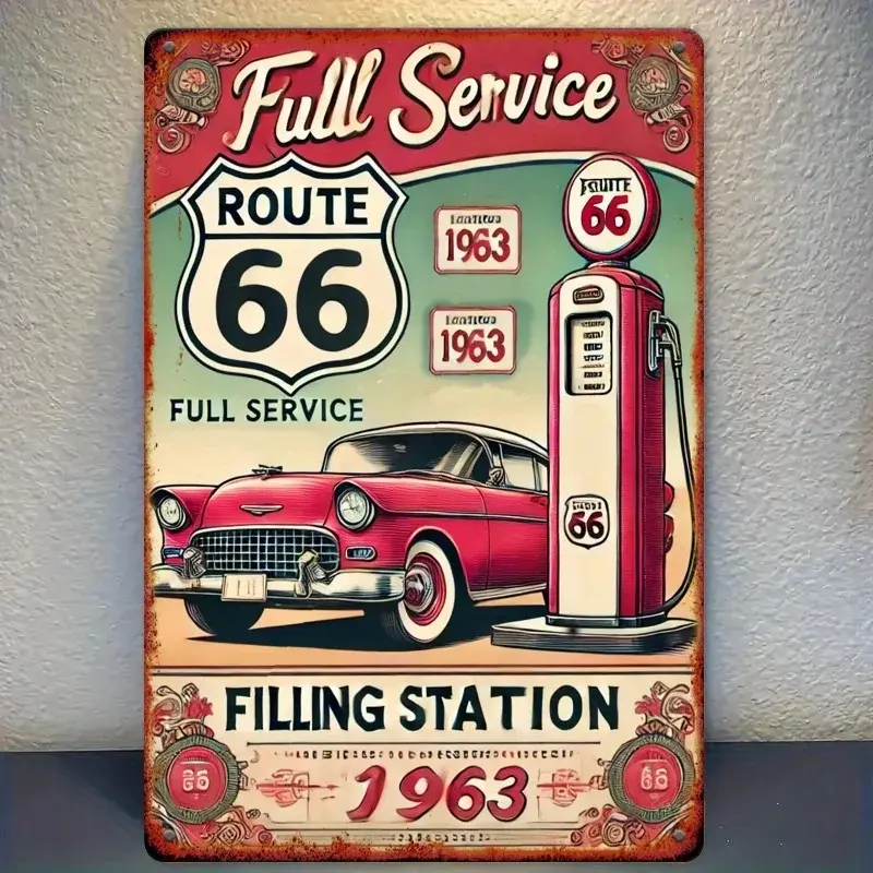 [ Route 66 Sign] Route 66 Metal Sign - " Retro Gas Station Decor with Classic Red Car & "FULL SERVICE" Design | Wall-Mounted Iro  20*30cm