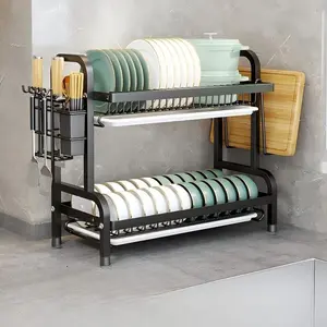Two-Tier Multi-Functional Kitchen Storage Rack, Dish Drainer, Durable Carbon Steel, Includes Drain Tray, Double Layer Utensil Holder, Bowl Dish Organizer, Dish Racks