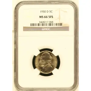 1950 D 5C JEFFERSON FIVE CENTS NGC CERTIFIED COIN MS 66 5FS