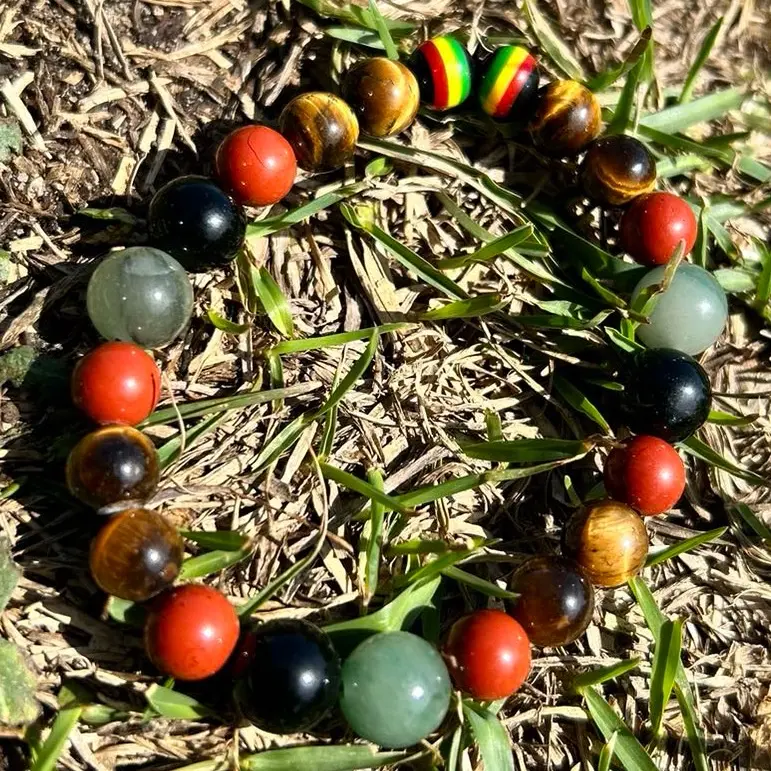 Minimalist Handmade 8-10mm Natural Gemstone Bracelet with Tigers Eye, Red Jasper, Green Aventurine and Obsidian