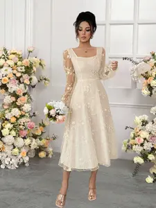 Elegant Peach Color Women's Dress, Plain Mesh Embroidered Fabric, Long Sleeve Full-Length, Slim-Fitting, All Seasons