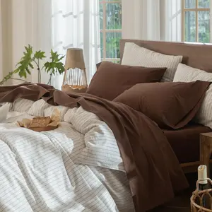 Bedding Sheet Set 100% Cotton Linen Like Textured Breathable Durable Soft Comfy (Solid Cocoa Brown, Queen)