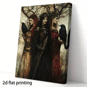 2D Flat, 1 Piece Morrigan Badhemaecha and Nemein Celtic Mythology Gothic Wall Art - Irish Legendary Frame with Crow Decoration, Dark Atmosphere Female Deity, Vertical 11.8x 15.7inch (30x 40cm ) Suitable for Gothic Room Decoration, Fantasy Home and Office