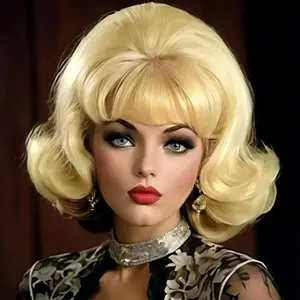 Blonde  Curly  Wigs for Women Bouffant Beehive 50s 60s Retro Costume Hair Wig with Bangs for Halloween Party Use