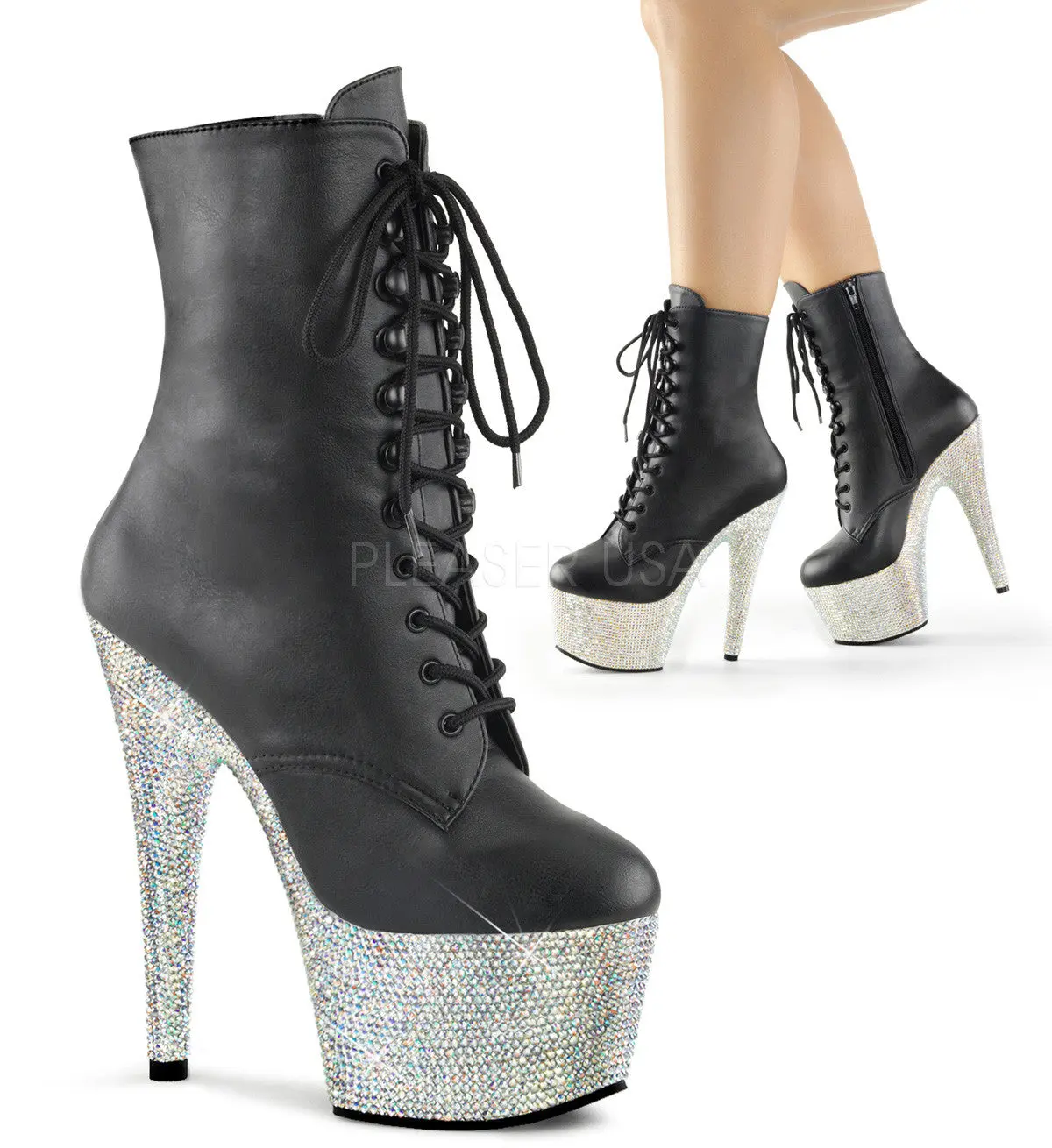 Pleaser Women's Bejeweled-1020-7 Faux Leather Platform Ankle Boots with Silver Rhinestones, 7" Heel, Lace-Up & Side Zip, Footwear, Statement Shoes, Ankle Length, Stage Wear, Leather & Faux Leather