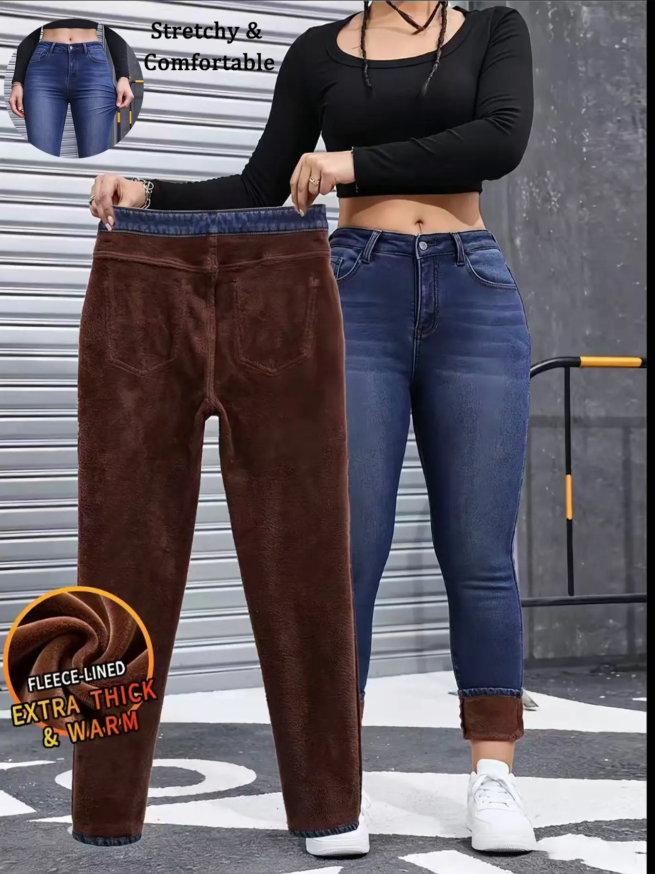 Clean Gent Women’s Basic Fashion Fleece-Lined Warm High-Waisted Jeans – Comfortable, Highly Stretchy Thick Knit, Slim Fit, Winter Style