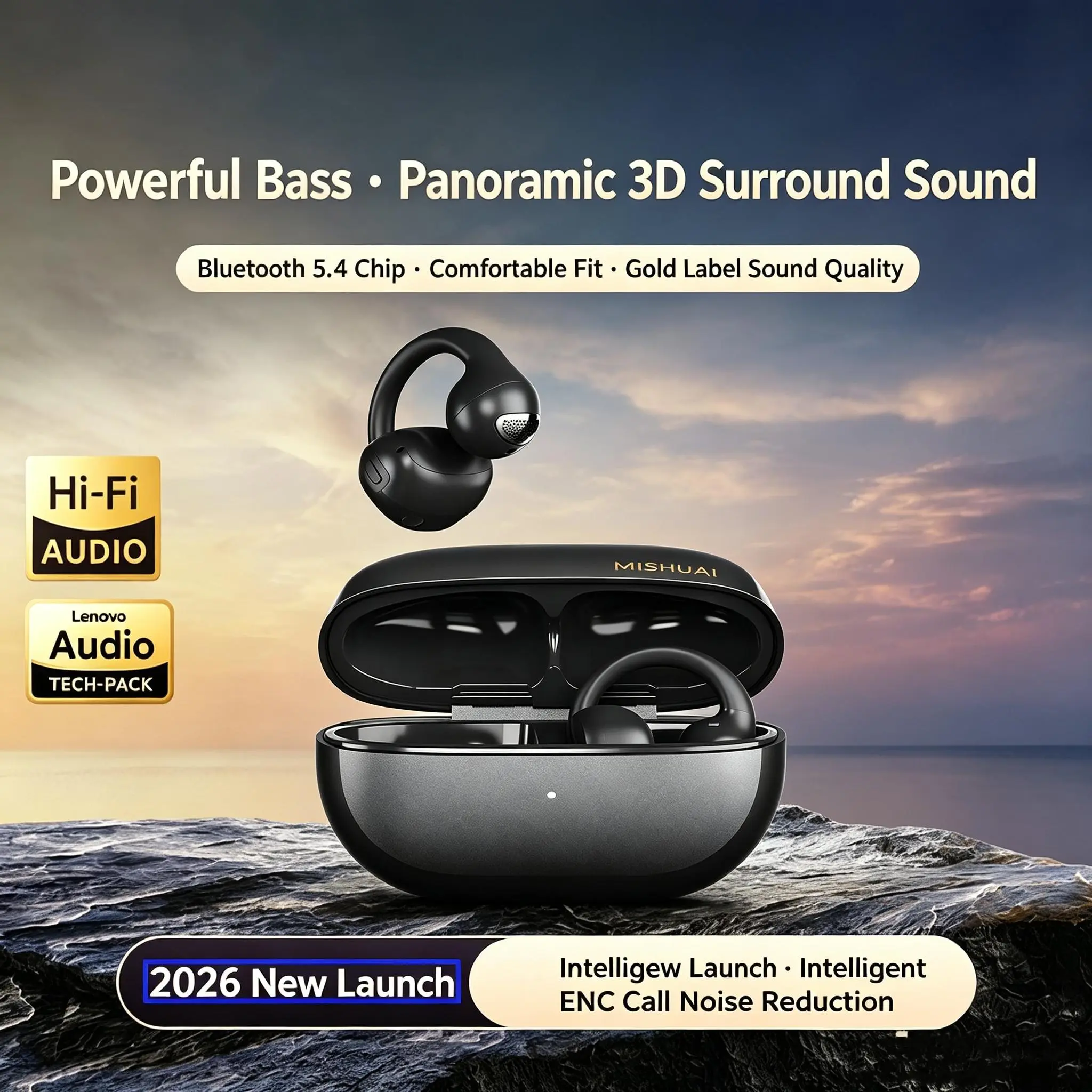 Open Ear Earbuds Bluetooth 6.0, Clip-On Wireless Headphones with Dual Device Connection, Scratch-Resistant Coating, Antibacterial Cushions & Multi-Function APP, 360° Surround Sound, Comfortable Fit for Office, Commute & Gaming