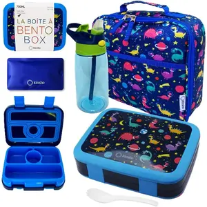 Bento Lunch Box with Bag, Water Bottle & Ice Pack Set for Kids Toddlers, 4 Portion Sections, Removable Tray, Pre-School Boy Toddler Daycare Lunches, Insulated Snack Container, Blue Space Dinosaur