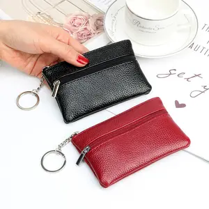Mini PU Leather Coin Purse with Key Ring, Zipper Card Holder Wallet for Women