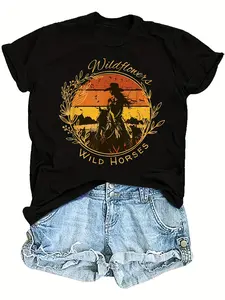 Women'S Western Country Music T-Shirt- Ohana- Black Pattern Cowboy Sunset Design- Soft Breathable Top, Suitable for Concerts, Festival Outfits- Machine Washable Daily Western Style Clothing, Country Song Shirt, Pastoral Theme Shirt