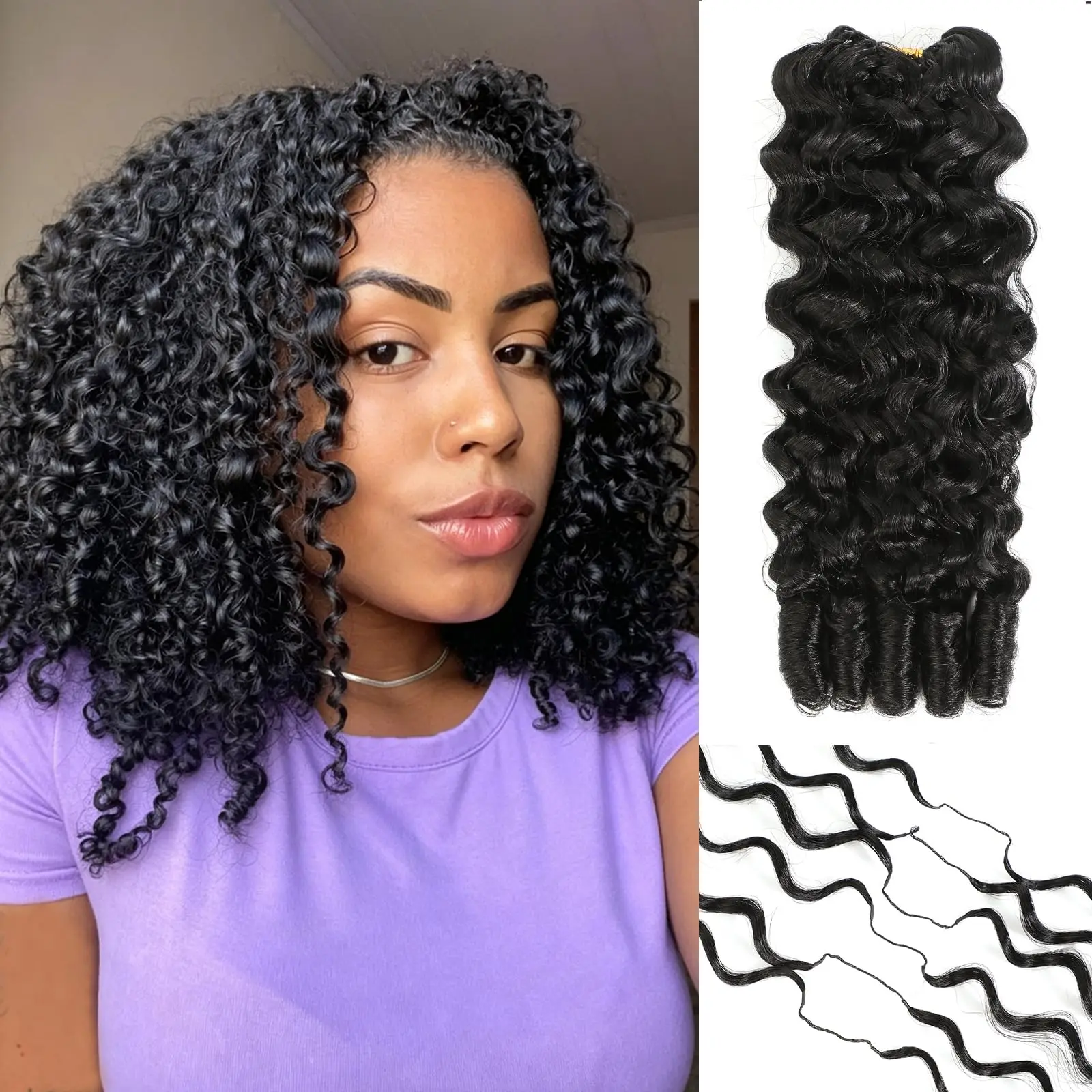 Human Crochet Hair for Black Women Curly Wave Bundles Human Hair Pre-Separated Invisible Miracle Knots Lightweight Feather Crochet Hair Extensions Natural Black