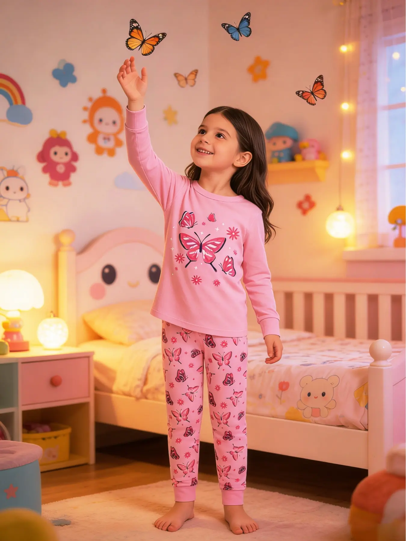Girls' Butterfly Print 2-Piece Set, Pajama Outfit, Spring & Fall Thin Long Sleeve Pajamas, Casual Home Wear, Cartoon Pattern, H-Type Silhouette, Pastel Cute Pajamas, Soft Knit Pajama