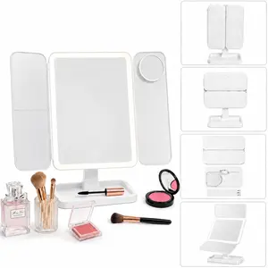 Portable LED Light Makeup Mirror, 3-fold Foldable Rechargeable Mirror with 2x 3x & 10x Magnification, Touch Control Mirror for Travel & Bedroom Use, Lighted Mirror, Rechargeable Trifold Mirror