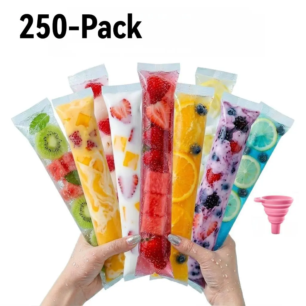 250-Pack DIY Popsicle Easy-Fill Bags - Disposable Leak-Resistant Freezer Pouches, Long Strips for Homemade Ice Pops, Fruit Jelly, Family Fun Kitchen Drinkware Accessory