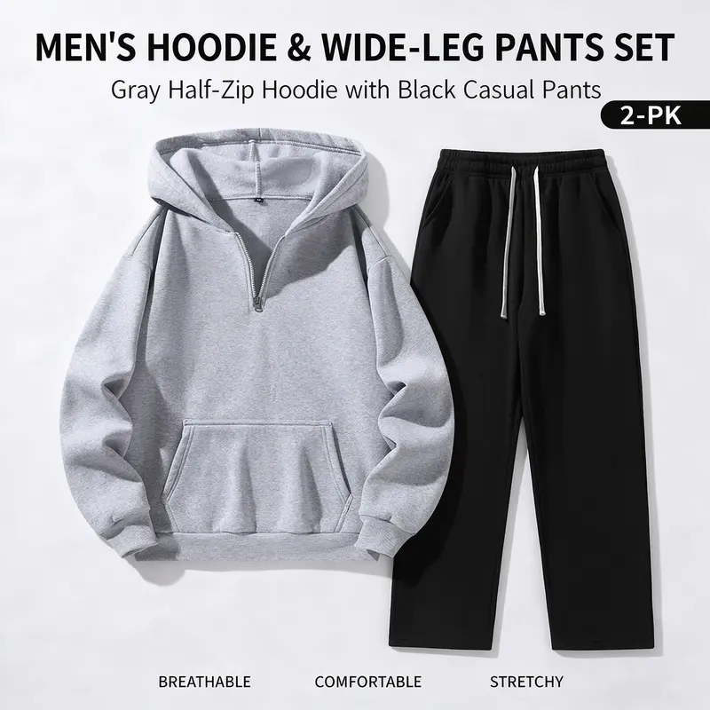 Men's 2 Piece Casual Matching Tracksuit, Half Zip Pullover Hoodie With Front Pocket, Drawstring Straight Leg Sweatpants, Comfort Breathable Stretchy Outfit Set for Autumn Winter Daily & Street Casual