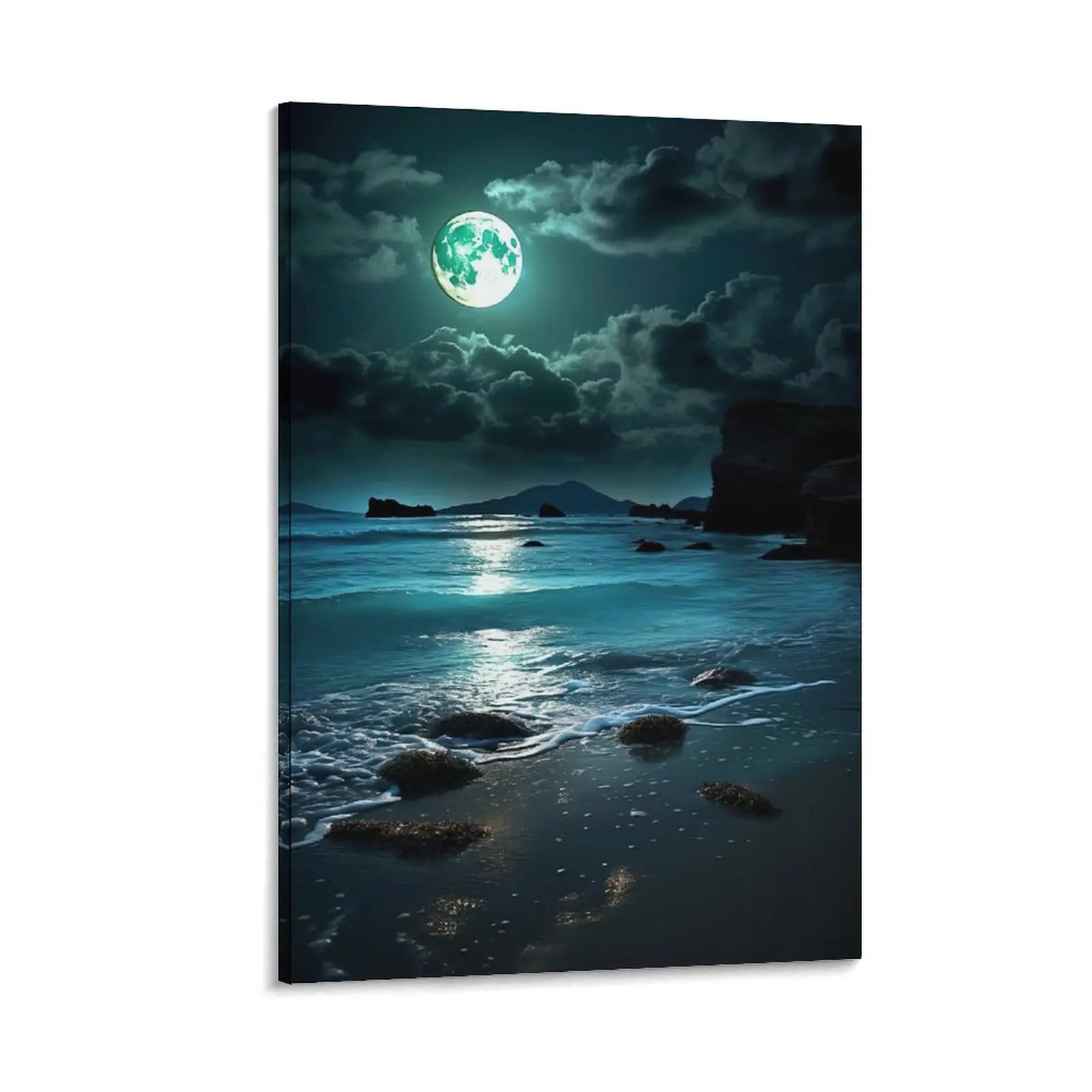Vintage Moon Canvas Wall Art, Ocean Sea Painting, Moody Farmhouse Art, Aesthetic Moon Poster, Night Beach Wall Art, Dark Academia Moon over Beach Print Canvas Poster Decor Gift Frames Ornaments Artistic Decoration Room Photo