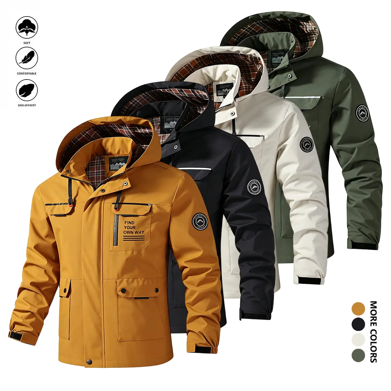 Vintage minimalist letter print hooded windproof softshell jacket for outdoor hiking, loose casual fit, versatile outerwear