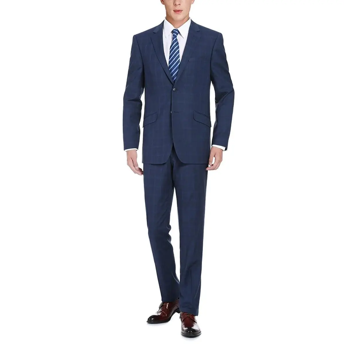 Mens Two Button Slim Fit Two Piece Suit in Indigo Blue Windowpane Plaid