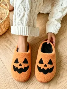 Halloween Pumpkin Cartoon Slippers for Women, Warm and Cozy Cotton House Shoes, Non-Slip Rubber Sole, Fall Winter Home Footwear, Fluffy House Slippers