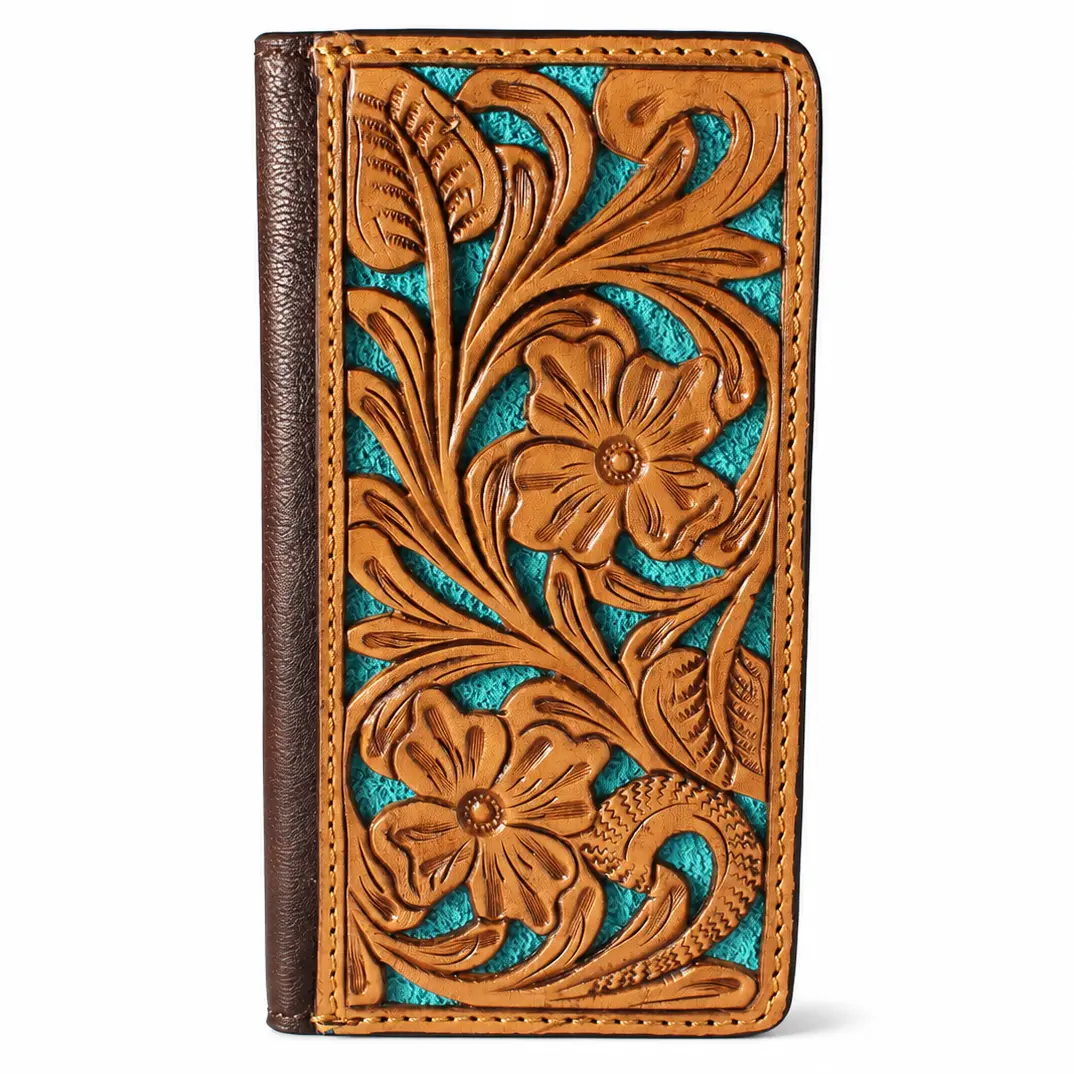 Western Floral Tooled Turquoise Rodeo Wallet – Genuine Leather Long Bifold Wallet with ID Window & Card Slots