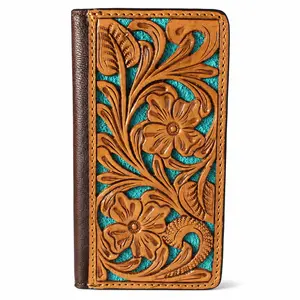 Western Floral Tooled Turquoise Rodeo Wallet – Genuine Leather Long Bifold Wallet with ID Window & Card Slots