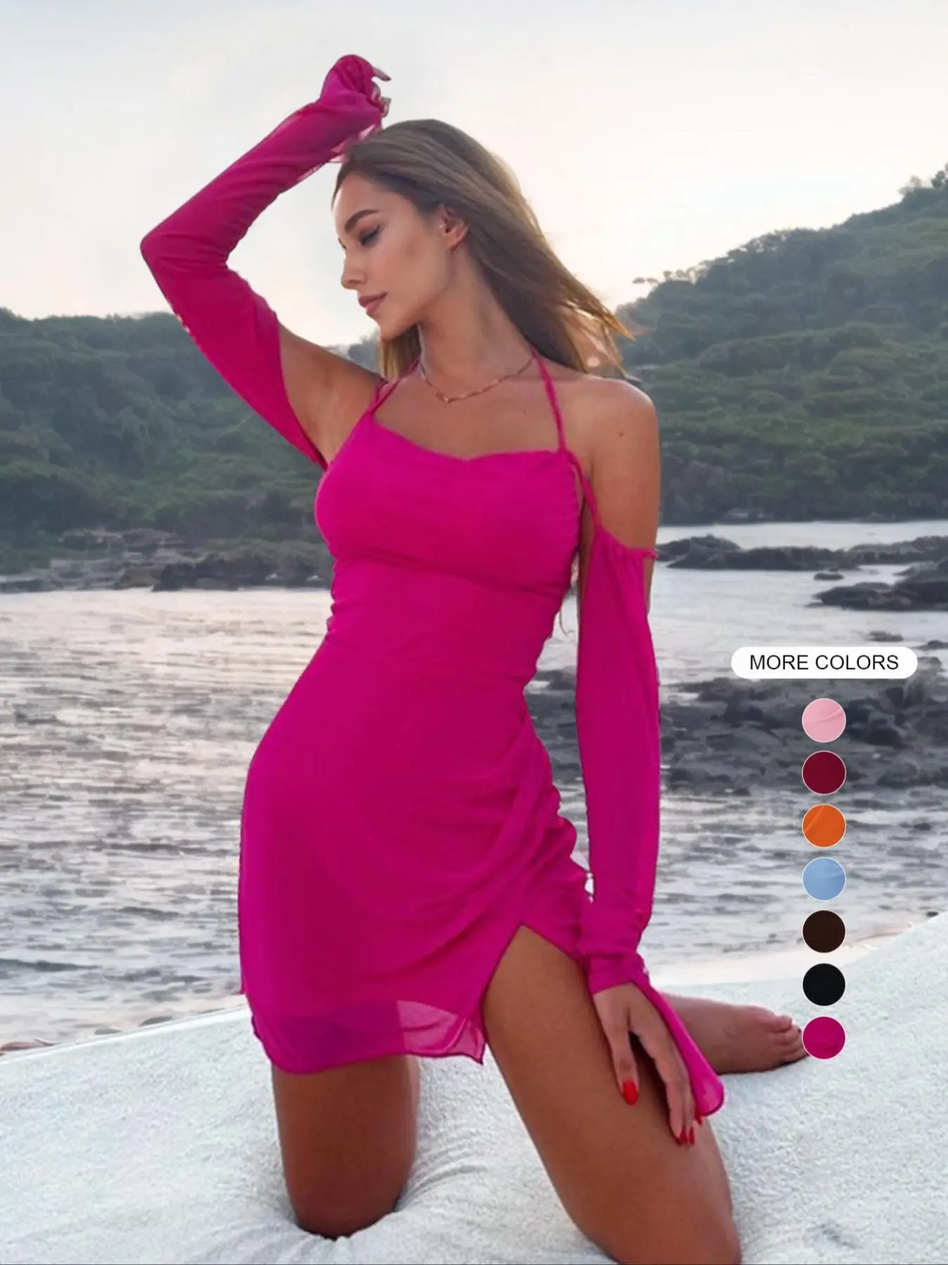 Women's Long Sleeve Cowl Neck Tie Back Halter Split Bodycon Mini Dress,  Back To School Outfits
