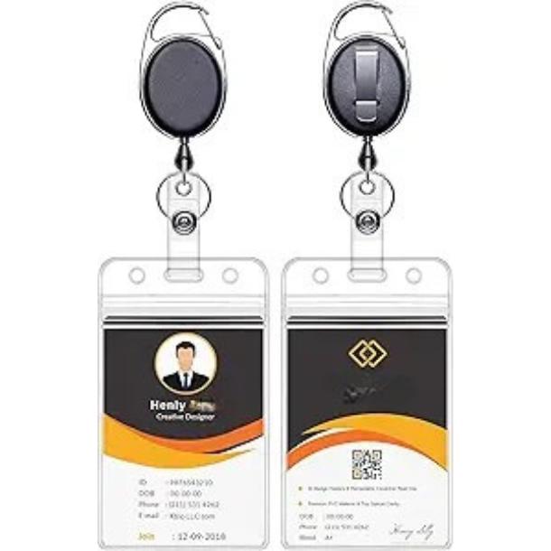 [New Deal] 2 Pack ID Badge Holders with Metal Clip and Keyring - Vertical Clear Plastic ID Card Holders (2.5" x 3.4") - Retractable 24" Pull Cord for Office, School,
