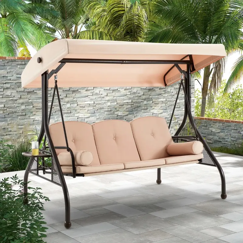 3-Seat Outdoor Patio Swing Chair, Swing Glider with Removable Cushion and Convertible Canopy, Ideal for Deck, Patio, Garden