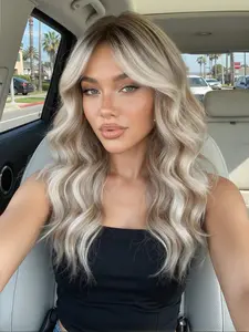 20 Inch Gold Gradient Ombre Big Wave Wig, Bangs Design, High Temperature Fiber, Heat Resistant, Realistic Scalp Look