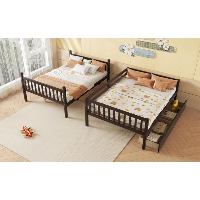 full Over full Rubber Wood Bunk Bed with 2 Drawers, Convertible into 2 full Beds, full Size Bunk Bed with Ladder and Safety Guardrails ,Espresso