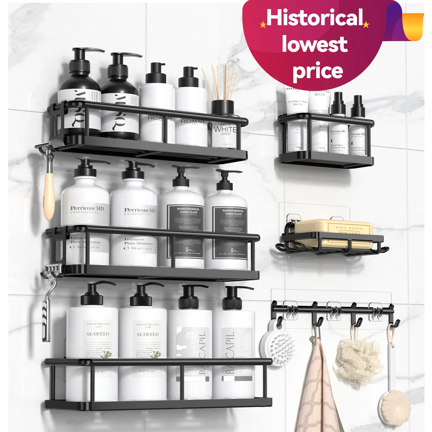 YASONIC Shower Caddy, 5-Piece Set Black bathroom accessories, wall organizer, No Drill Bathroom Shower Organizers With Removable Hooks, Rust Proof Sh