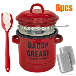 Bacon Grease Container with Strainer & Food-Grade Silicone Spatula, 46oz Large Enamel Rustic Farmhouse Fat Container, Keeper, Dishwasher Safe,Dishwasher Safe Filter Kitchen Utensils fine mesh strainer FFVentureVibe8