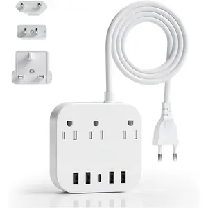 European Plug Adapter,   to UK  Power Strip for EU/UK/ with USB C and 4 USB Ports, 3 AC Outlets, Wall Mountable, 5ft Extension Cord, for Travel Cruise Ship