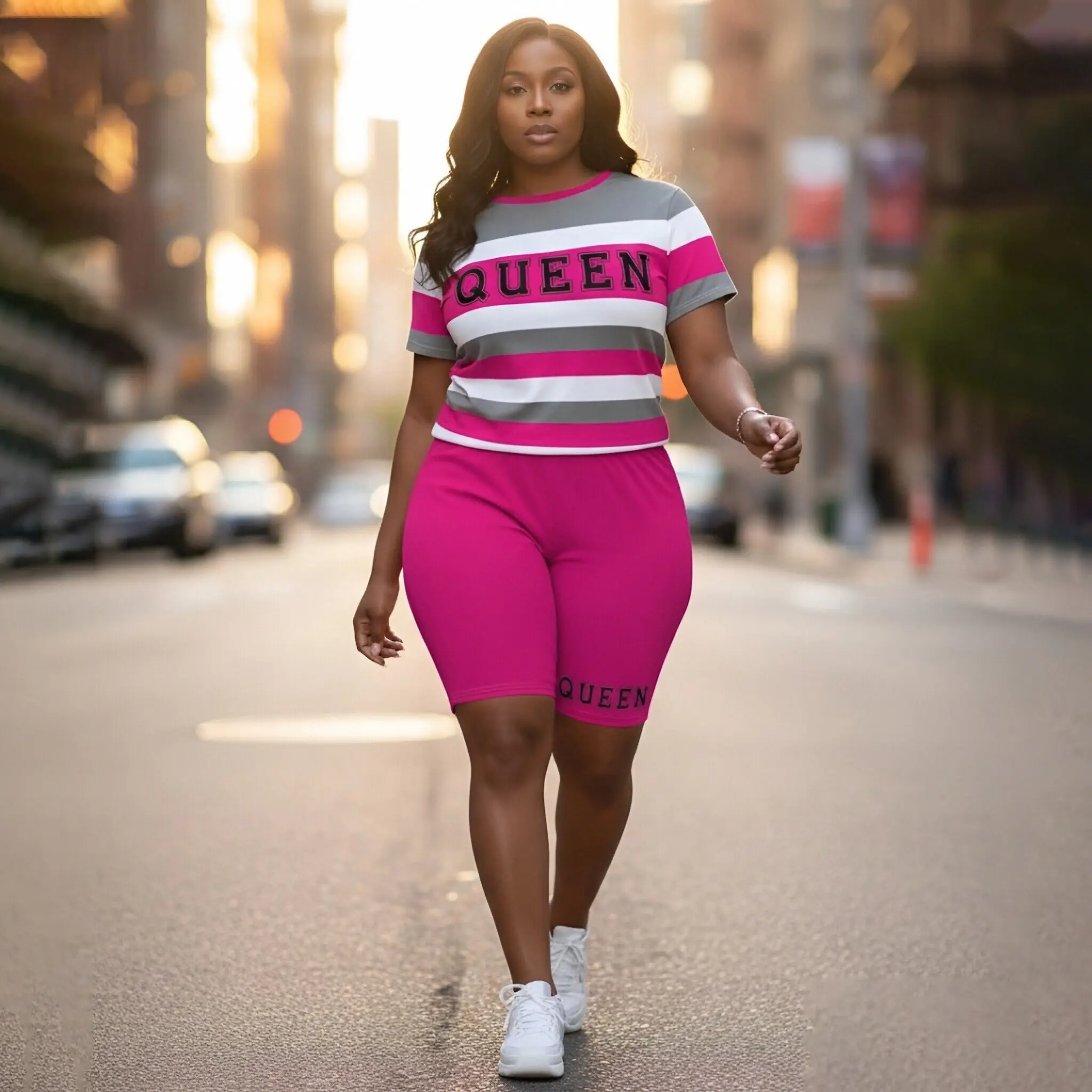 Plus Size Women's Stylish Striped & Letter Print Two-Piece Set Short-Sleeved Top Shorts with Pockets Athletic Set for Comfort & Style