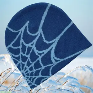 Knitted Skull Cap, Grunge Y2K Spider Web Jacquard Beanie, Dual Color Stretch Thermal Winter Hat, Multi Tone Unisex Goth Street Headwear For Skate Shots, Ski Trips, Indie Concerts And Cold Daily Outfits