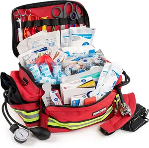 First Responder Fully-Stocked Professional Essentials EMT/EMS Trauma Kit | HSA/FSA Approved | Reflective Bag w/8 Zippered Pockets & Compartments & 200+ First Aid Supplies - Red