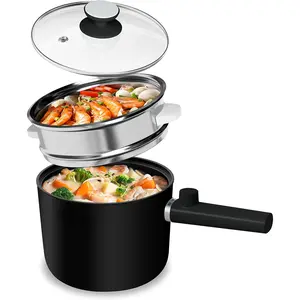 Hot Pot Electric with Steamer, 1.5L Ramen Cooker, Non-Stick Frying Pan, Electric Pot for Pasta, , Electric Cooker with Dual Power Control, Over-Heating & Boil Dry Protection, Black